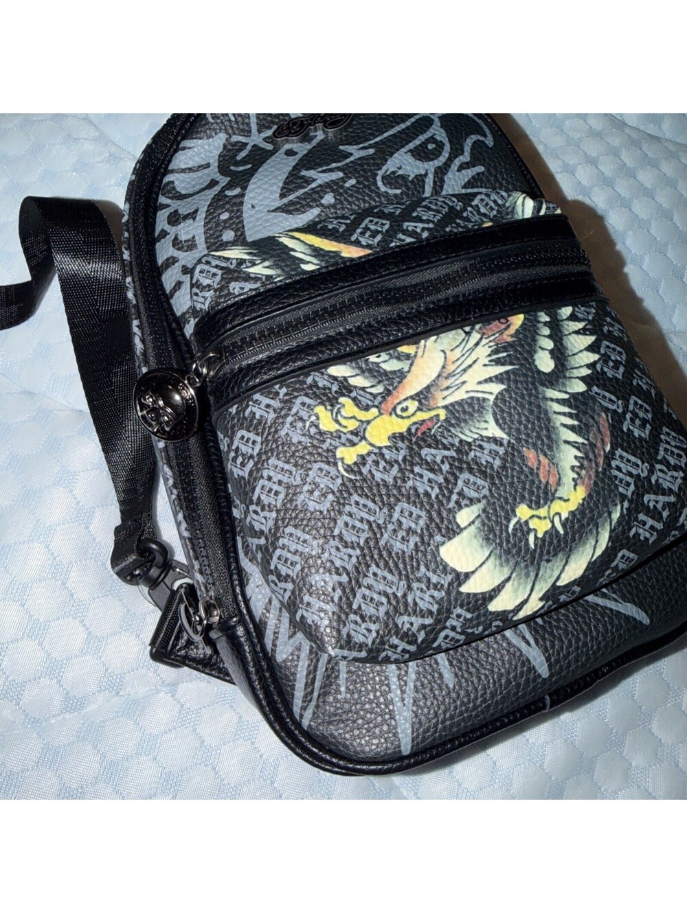 NWT Ed Hardy Eagle Tattoo Monogram Sling Bag Crossbody Backpack Black Y2K